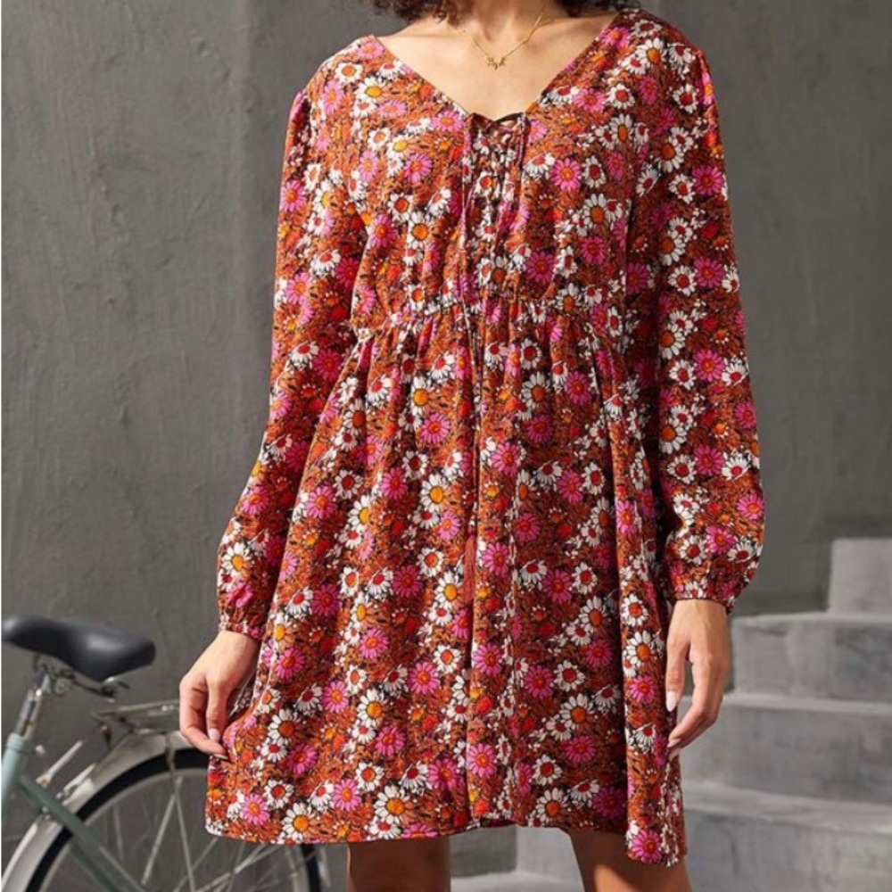 Brown and Fuchsia Floral A-line dress - Size Medium